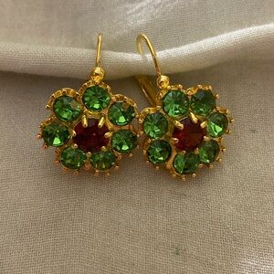 Green and Red Lever Back Flower Earrings Pierced Ears‎